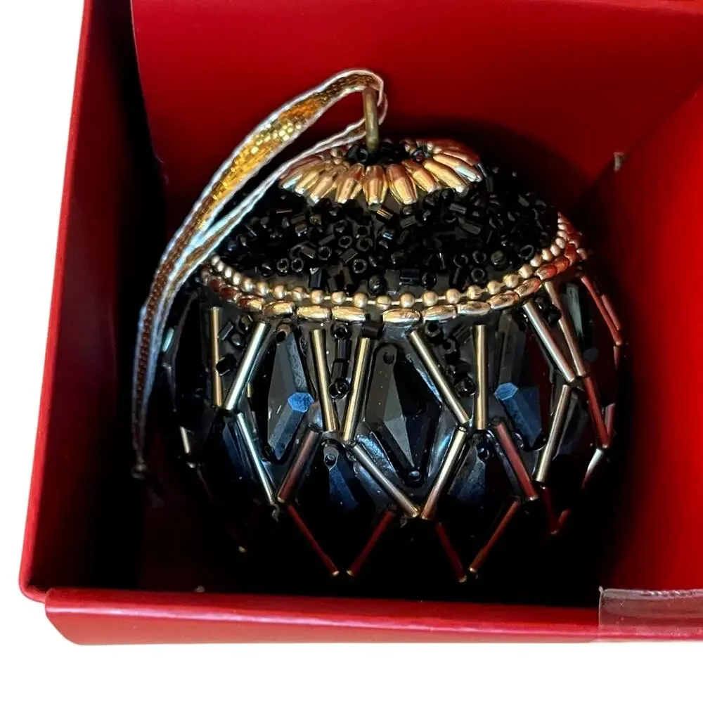 BELLA LUX Gold Black Beaded Christmas Ornaments 2.5in Set of 6 Holiday Glam NEW